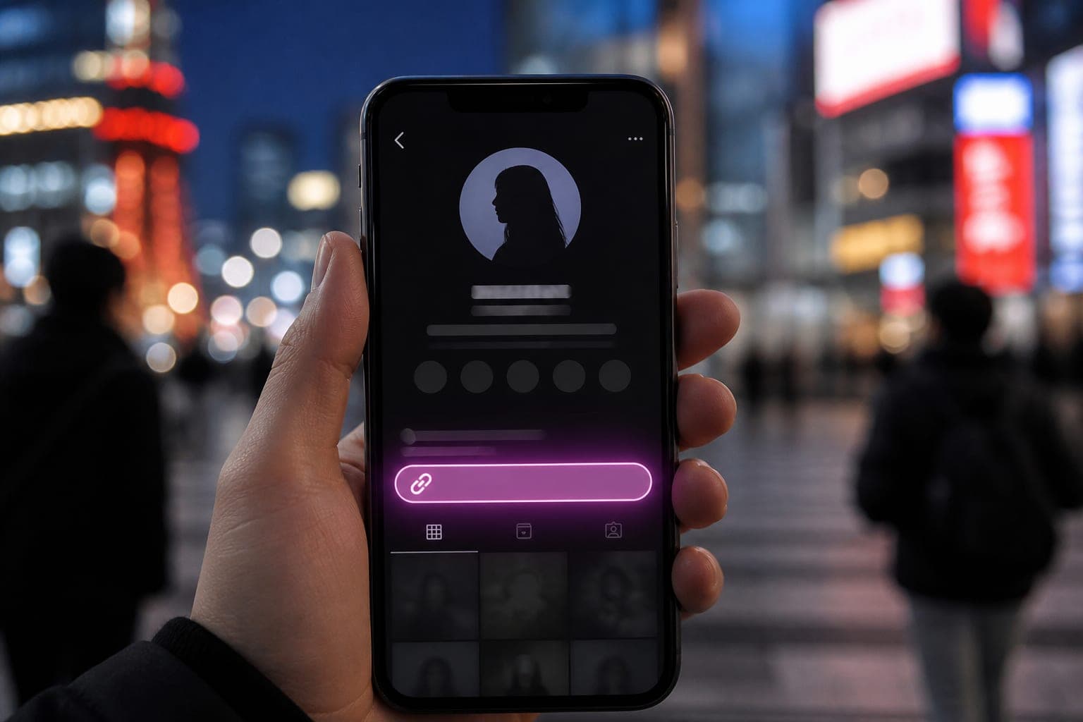 夜の街を背景に、プロフィール画面が映るスマホを持つ手元